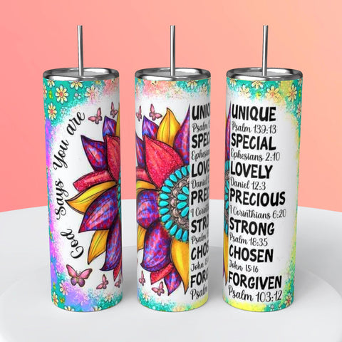 God says you are Scriptures with Flower 20oz Tumbler